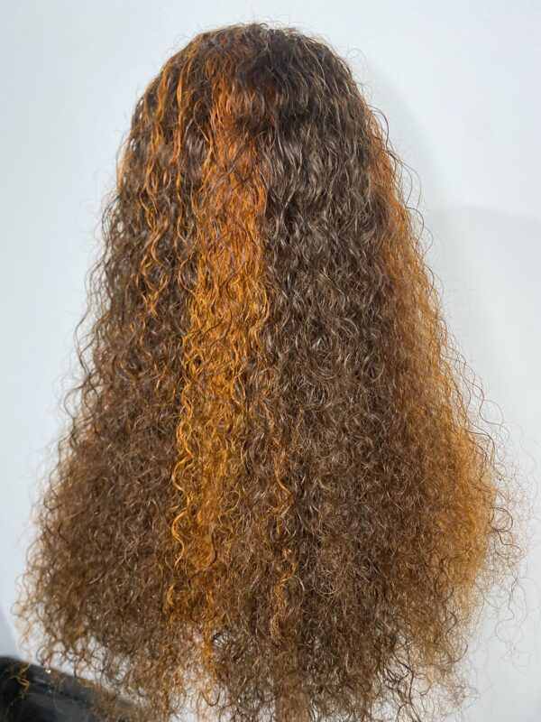 image00013 Virgin Human Hair Water Curly Wig (Brown & Burnt Orange Highlights)