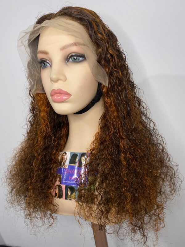 image00015 Virgin Human Hair Water Curly Wig (Brown & Burnt Orange Highlights)