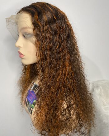 image00018 Virgin Human Hair Water Curly Wig (Brown & Burnt Orange Highlights)