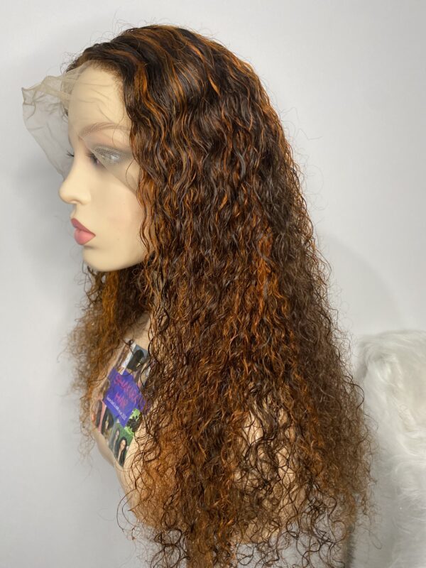 image00018 Virgin Human Hair Water Curly Wig (Brown & Burnt Orange Highlights)