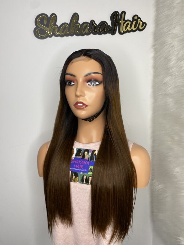 IMG_0514 SDD Bone Straight Raw Human Hair Wig (Light brown with black roots)