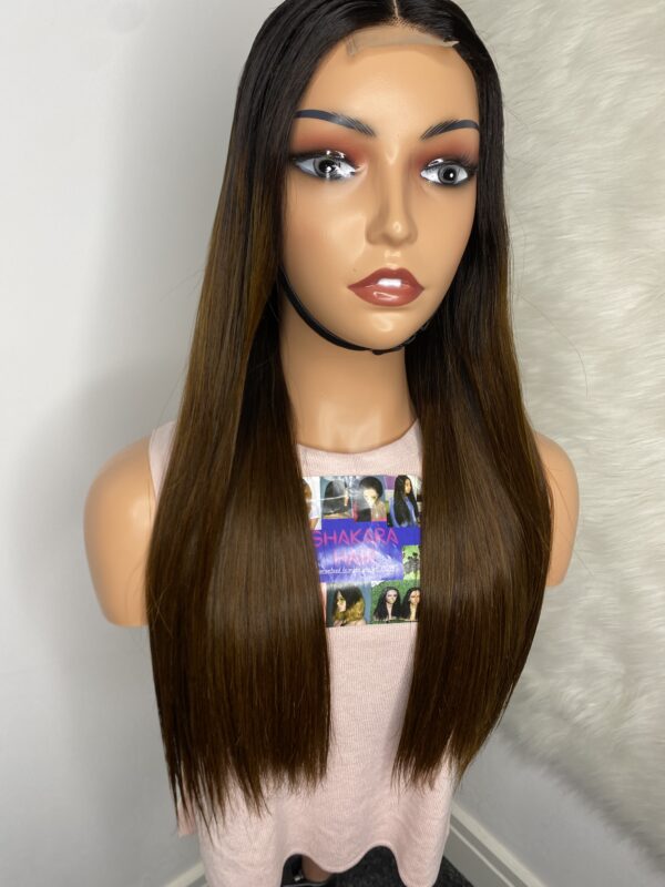 IMG_0515 SDD Bone Straight Raw Human Hair Wig (Light brown with black roots)