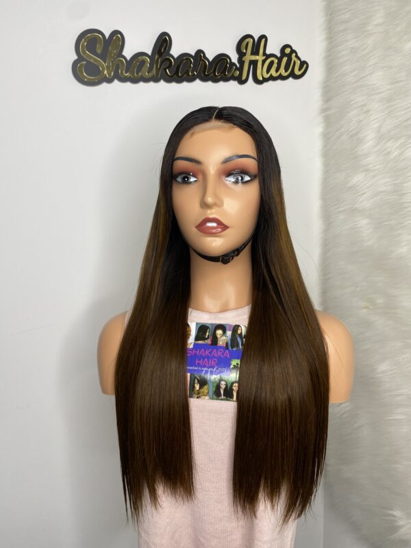 IMG_0524 SDD Bone Straight Raw Human Hair Wig (Light brown with black roots)