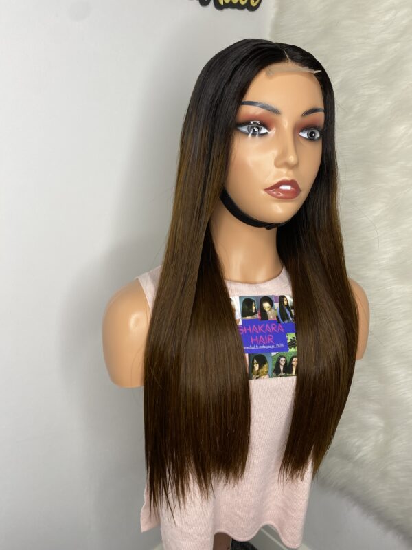 IMG_0531 SDD Bone Straight Raw Human Hair Wig (Light brown with black roots)
