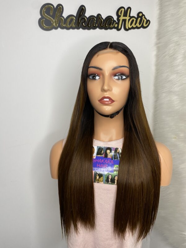 IMG_0537 SDD Bone Straight Raw Human Hair Wig (Light brown with black roots)