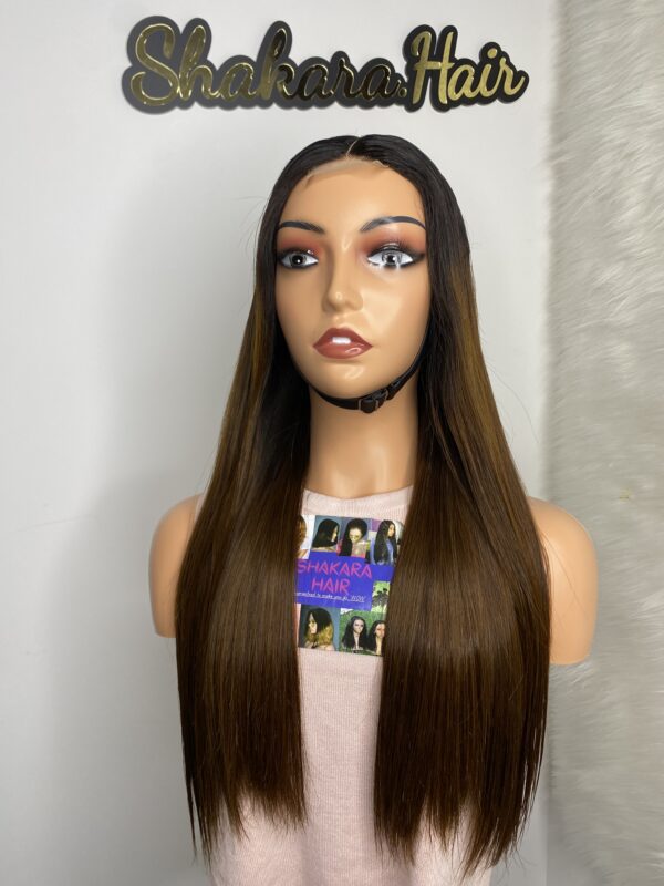 IMG_0538 SDD Bone Straight Raw Human Hair Wig (Light brown with black roots)