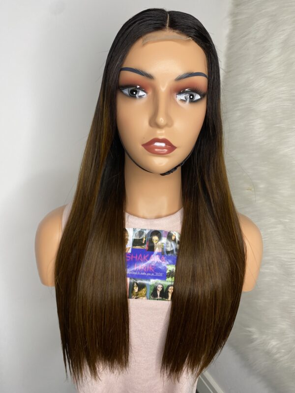 IMG_0544 SDD Bone Straight Raw Human Hair Wig (Light brown with black roots)
