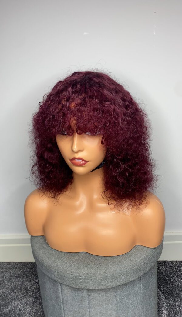 IMG_5068 Virgin Human Hair Celebrity Fringe Jerry Curly Wig, Burgundy