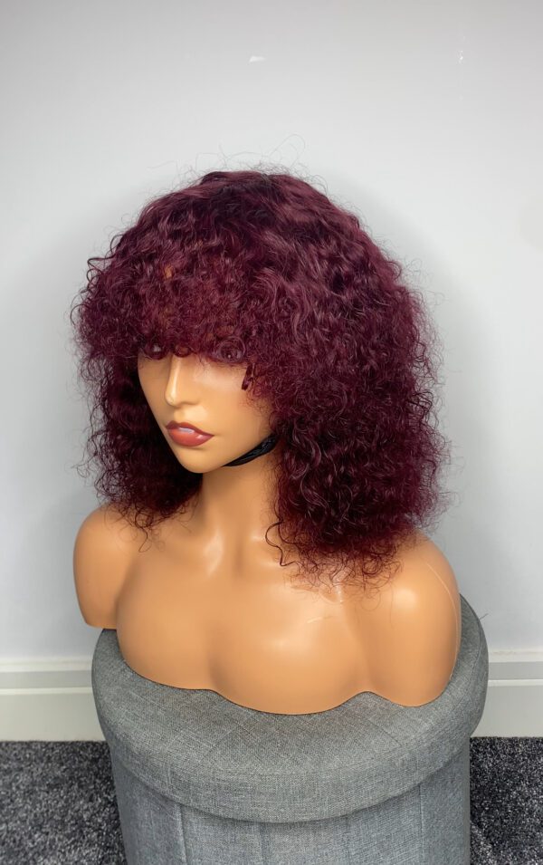 IMG_5069 Virgin Human Hair Celebrity Fringe Jerry Curly Wig, Burgundy