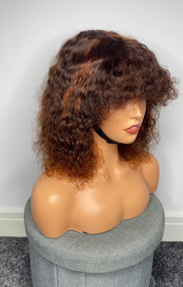 IMG_5072 Virgin Human Hair Celebrity Fringe Jerry Curly Wig, Brown&Orange Highlights