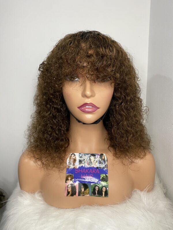 IMG_8637 Virgin Human Hair Celebrity Fringe Jerry Curly Wig, Brown&Blonde Highlights