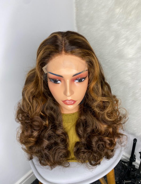 IMG_9091 SDD Virgin Human Hair bouncy Wig (Brown & Blonde highlights