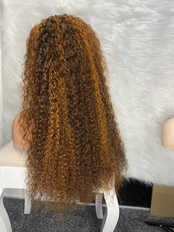 IMG_9271 Virgin Human Hair Water Curly Wig (Brown & Burnt Orange Highlights) 26inches